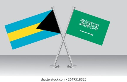 Bandeiras cruzadas das Bahamas e da Arábia Saudita. Cores oficiais. Proporção correta. Design de banner