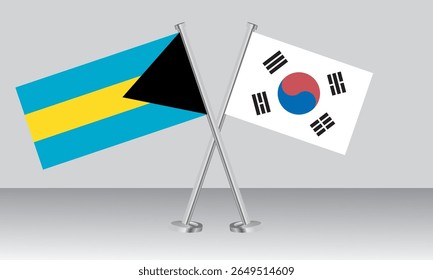 Bandeiras cruzadas das Bahamas e da Coreia do Sul. Cores oficiais. Proporção correta. Design de banner