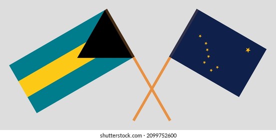 Crossed flags of the Bahamas and the State of Alaska. Official colors. Correct proportion. Vector illustration
