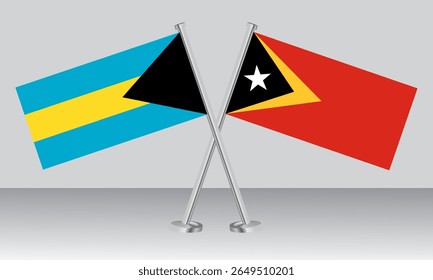 Bandeiras cruzadas das Bahamas e de Timor-Leste. Cores oficiais. Proporção correta. Design de banner