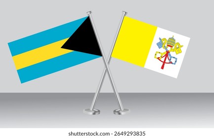 Bandeiras cruzadas das Bahamas e da Cidade do Vaticano. Cores oficiais. Proporção correta. Design de banner