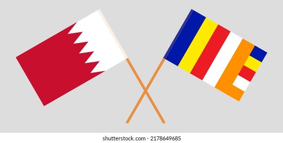 Crossed flags of Bahrain and Buddhism. Official colors. Correct proportion. Vector illustration
