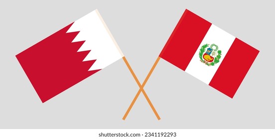 Banderas cruzadas de Bahréin y Perú. Colores oficiales. Proporción correcta. Ilustración del vector
