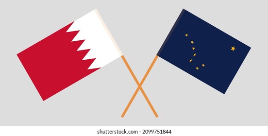 Gekreuzte Flaggen von Bahrain und dem Staat Alaska. Offizielle Farben. Richtiger Anteil. Vektorgrafik
