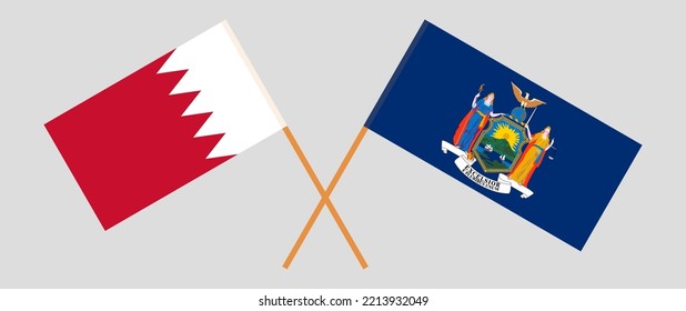 Gekreuzte Flaggen von Bahrain und dem Bundesstaat New York. Offizielle Farben. Richtiger Anteil. Vektorgrafik
