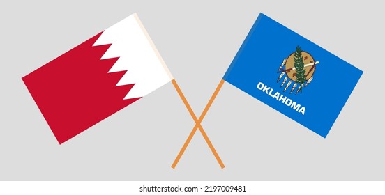 Gekreuzte Flaggen von Bahrain und dem Bundesstaat Oklahoma. Offizielle Farben. Richtiger Anteil. Vektorgrafik
