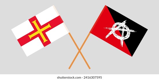 Crossed flags of Bailiwick of Guernsey and anarchy. Official colors. Correct proportion. Vector illustration
