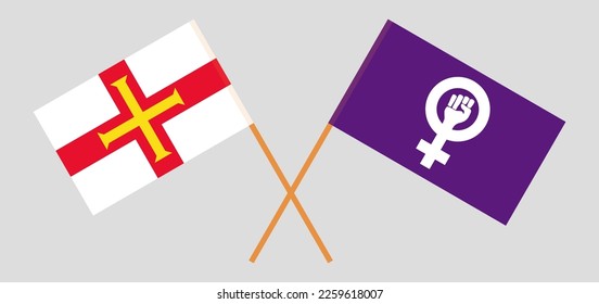 Crossed flags of Bailiwick of Guernsey and Feminism. Official colors. Correct proportion. Vector illustration

