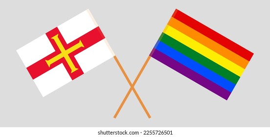 Crossed flags of Bailiwick of Guernsey and LGBTQ. Official colors. Correct proportion. Vector illustration
