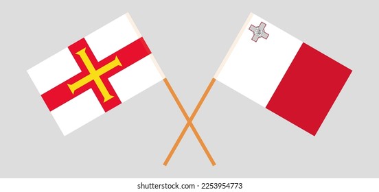 Crossed flags of Bailiwick of Guernsey and Malta. Official colors. Correct proportion. Vector illustration
