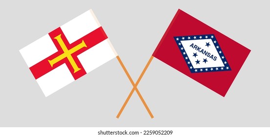 Crossed flags of Bailiwick of Guernsey and The State of Arkansas. Official colors. Correct proportion. Vector illustration
