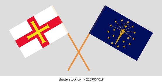 Crossed flags of Bailiwick of Guernsey and the State of Indiana. Official colors. Correct proportion. Vector illustration
