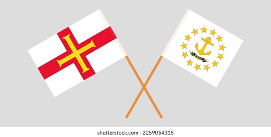 Crossed flags of Bailiwick of Guernsey and the State of Rhode Island. Official colors. Correct proportion. Vector illustration
