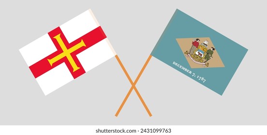 Crossed flags of Bailiwick of Guernsey and The State of Delaware. Official colors. Correct proportion. Vector illustration
