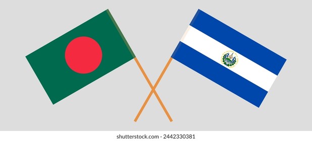 Crossed flags of Bangladesh and El Salvador. Official colors. Correct proportion. Vector illustration
