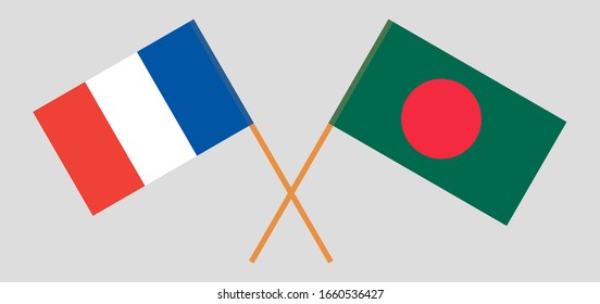Crossed flags of Bangladesh and France. Official colors. Correct proportion. Vector illustration
