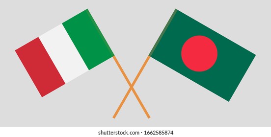 Crossed flags of Bangladesh and Italy. Official colors. Correct proportion. Vector illustration
