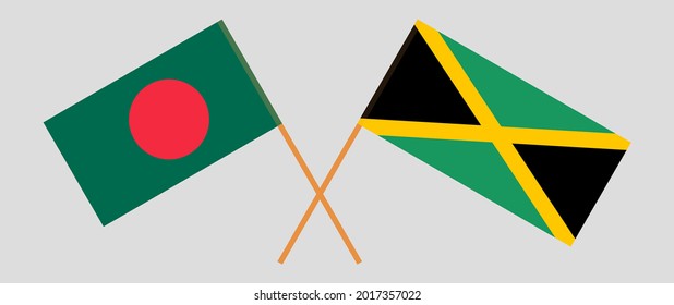Crossed flags of Bangladesh and Jamaica. Official colors. Correct proportion