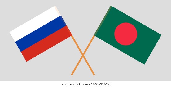 Crossed flags of Bangladesh and Russia. Official colors. Correct proportion. Vector illustration
