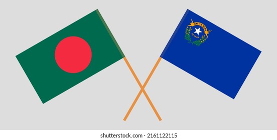 Crossed flags of Bangladesh and The State of Nevada. Official colors. Correct proportion. Vector illustration
