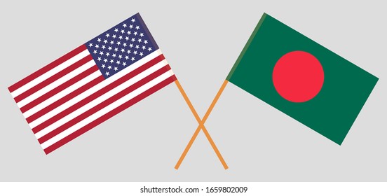 Crossed flags of Bangladesh and the USA. Official colors. Correct proportion. Vector illustration
