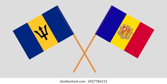 Crossed flags of Barbados and Andorra. Official colors. Correct proportion. Vector illustration
