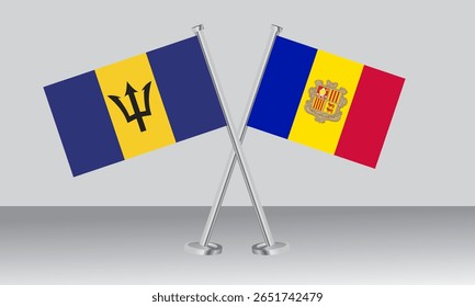 Crossed flags of Barbados and Andorra. Official colors. Correct proportion. Banner design