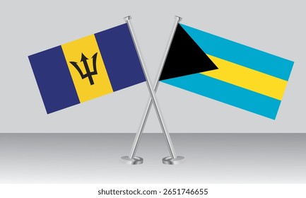 Crossed flags of Barbados and Bahamas. Official colors. Correct proportion. Banner design