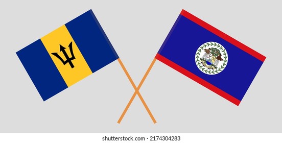 Crossed flags of Barbados and Belize. Official colors. Correct proportion. Vector illustration

