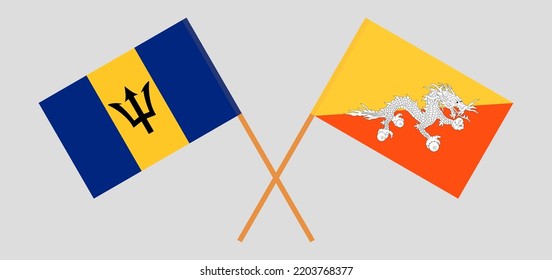 Crossed flags of Barbados and Bhutan. Official colors. Correct proportion. Vector illustration

