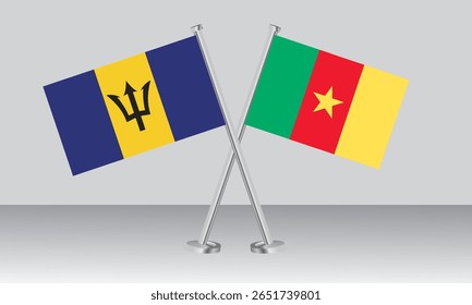 Crossed flags of Barbados and Cameroon. Official colors. Correct proportion. Banner design