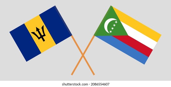 Crossed flags of Barbados and the Comoros. Official colors. Correct proportion. Vector illustration
