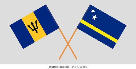 Crossed flags of Barbados and Country of Curacao. Official colors. Correct proportion. Vector illustration
