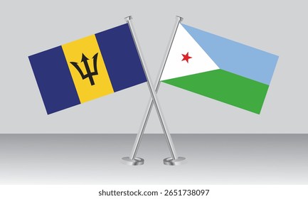 Crossed flags of Barbados and Djibouti. Official colors. Correct proportion. Banner design