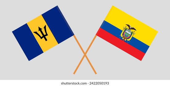 Crossed flags of Barbados and Ecuador. Official colors. Correct proportion. Vector illustration
