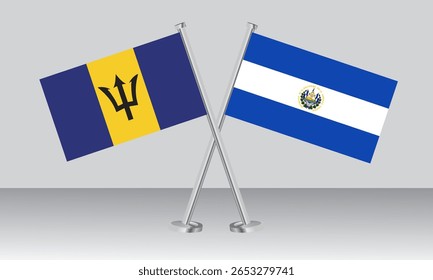 Bandeiras cruzadas de Barbados e El Salvador. Cores oficiais. Proporção correta. Design de banner