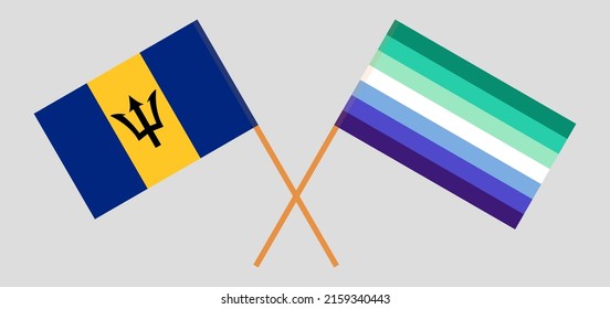 Crossed flags of Barbados and gay men pride. Official colors. Correct proportion. Vector illustration
