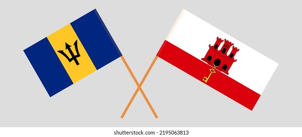 Crossed flags of Barbados and Gibraltar. Official colors. Correct proportion. Vector illustration

