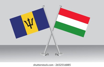 Crossed flags of Barbados and Hungary. Official colors. Correct proportion. Banner design
