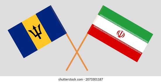 Crossed flags of Barbados and Iran. Official colors. Correct proportion. Vector illustration
