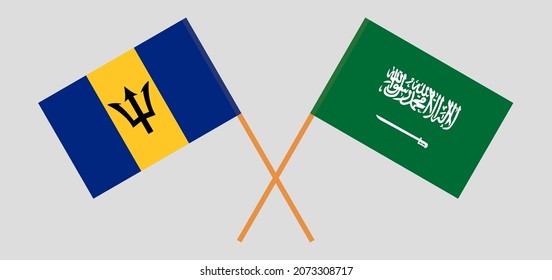 Crossed flags of Barbados and the Kingdom of Saudi Arabia. Official colors. Correct proportion. Vector illustration
