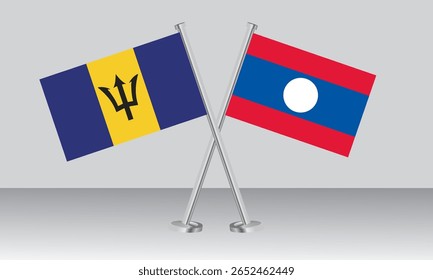 Crossed flags of Barbados and Laos. Official colors. Correct proportion. Banner design