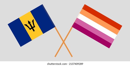 Banderas cruzadas de Barbados y Orgullo Lesbiano. Colores oficiales. Proporción correcta. Ilustración del vector
