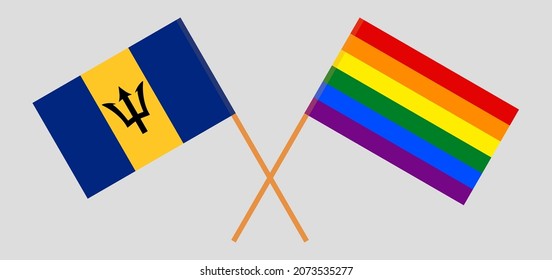 Crossed flags of Barbados and LGBTQ. Official colors. Correct proportion. Vector illustration
