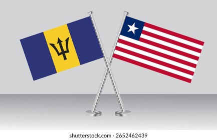 Bandeiras cruzadas de Barbados e Libéria. Cores oficiais. Proporção correta. Design de banner