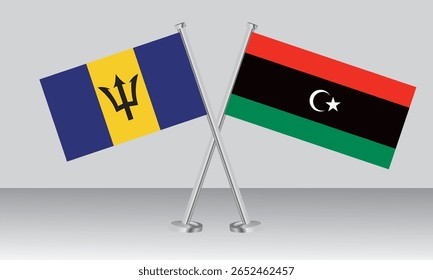 Crossed flags of Barbados and Libya. Official colors. Correct proportion. Banner design
