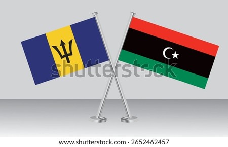 Crossed flags of Barbados and Libya. Official colors. Correct proportion. Banner design
