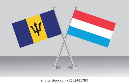 Crossed flags of Barbados and Luxembourg. Official colors. Correct proportion. Banner design