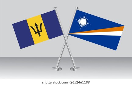 Bandeiras cruzadas de Barbados e Ilhas Marshall. Cores oficiais. Proporção correta. Design de banner