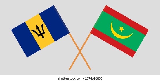 Crossed flags of Barbados and Mauritania. Official colors. Correct proportion. Vector illustration